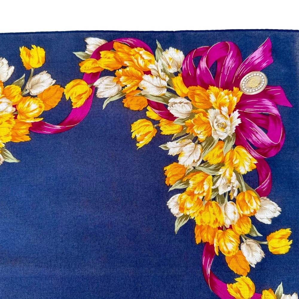 Dior Navy Silk Scarf Yellow Tulip Magenta Ribbon - Picture 6 of 6